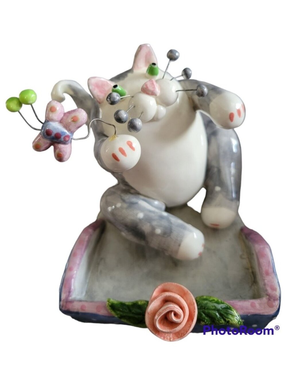 Annaco Amy Lacombe Whimsiclay Ceramic Cat Whiskers Butterfly Rose Tray 2001 Vtg